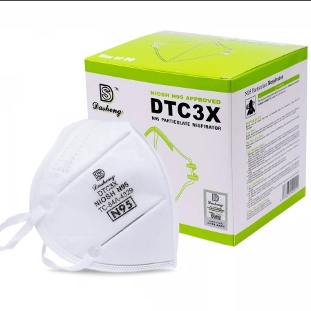 Hlpmedical N95 NIOSH approved disposable respirator face mask, pack of 20, showing the mask's design and fit on a model.