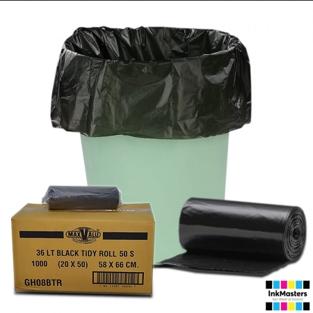 36L Black Medium-Large Trash Bags / Bin Liners, 20x50 Rolls (1000 Tidy Bags)
