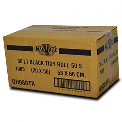 36L Black Medium-Large Trash Bags / Bin Liners, 20x50 Rolls (1000 Tidy Bags)