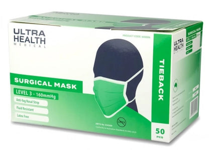 50 Pcs Ultra Health Surgical Face Masks Level 3 Anti-Fog TIEBACK TGA Approved