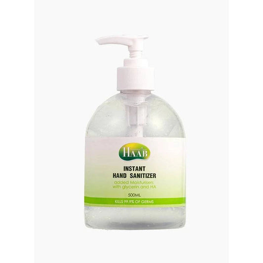 New Zealand HAAB instant hand sanitizer gel in a 500ml bottle by HLP Medical Supplies, clear gel with label and dispensing pump.