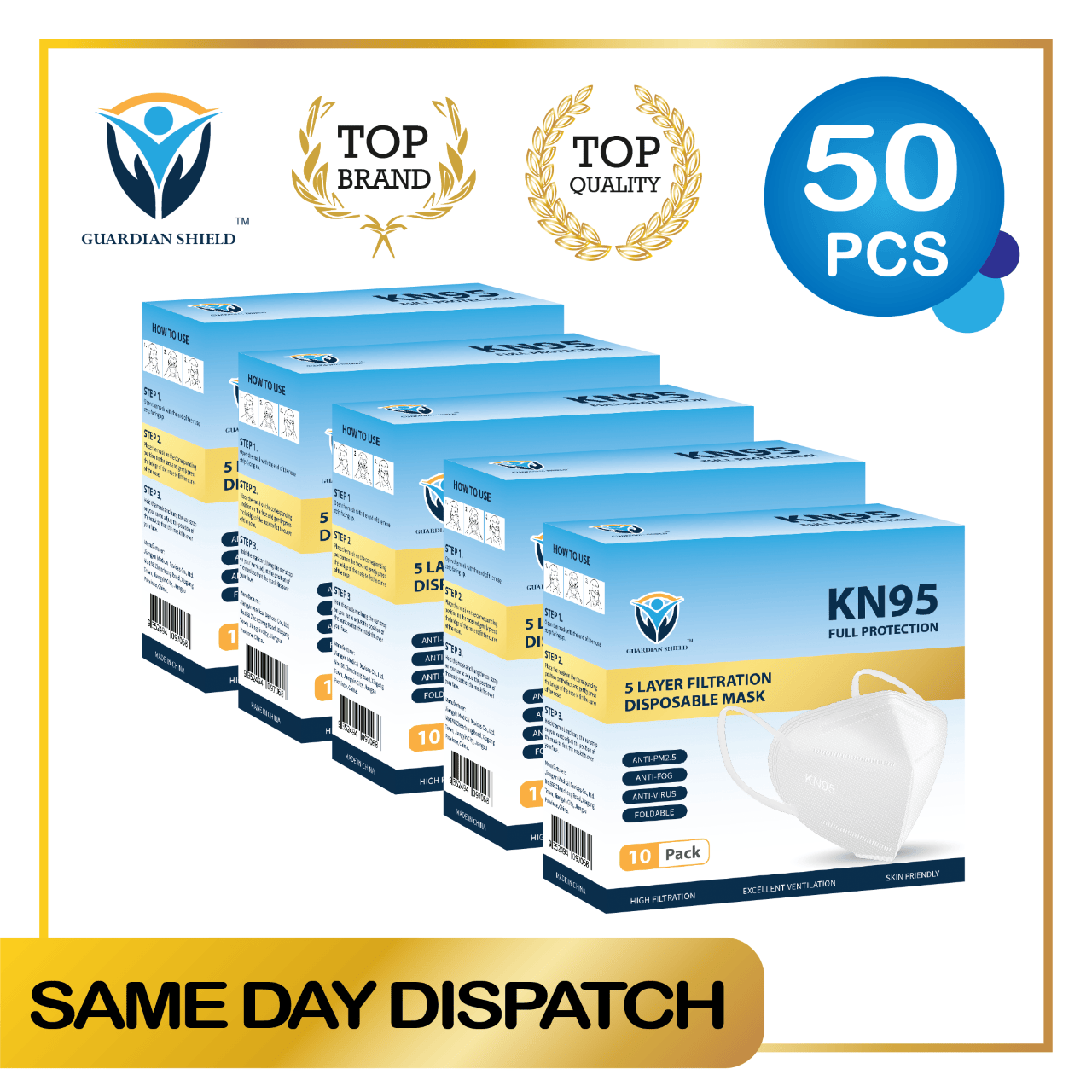 Hlpmedical KN95 face masks with ear loops in white and black, showing the protective respirator design and elastic ear straps.