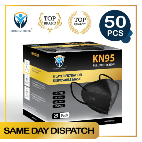 White and black KN95 respirator face masks with ear loops from Hlpmedical, showing a close-up of the masks' design.