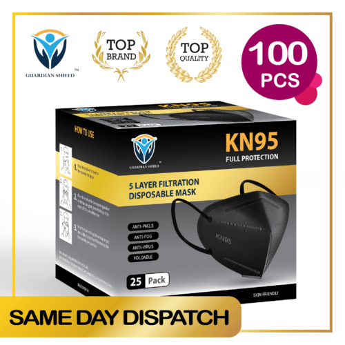 White and black KN95 face masks with ear loops by Hlpmedical, shown with adjustable nose bridge and secure fit.