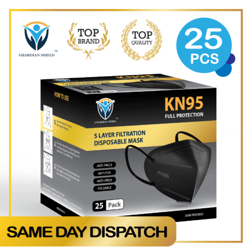 White and black KN95 respirator masks with ear loops from Hlpmedical, showing the protective face masks designed for safety.